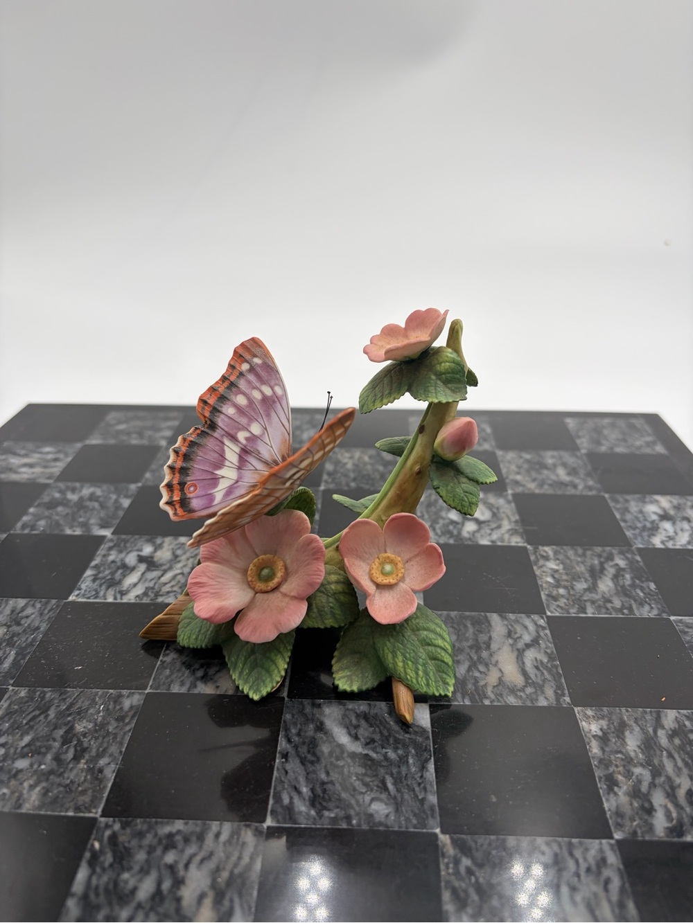 Lenox Purple Emperor Butterfly Figurine with Pink Flowers | 1991 Porcelain Botan